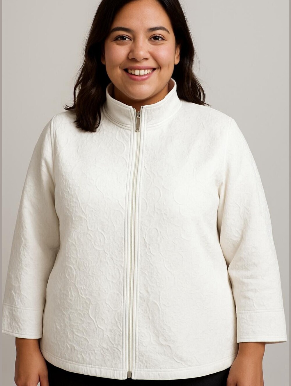 Laura Ashley White Rose Textured Zip Front Jacket Large Floral